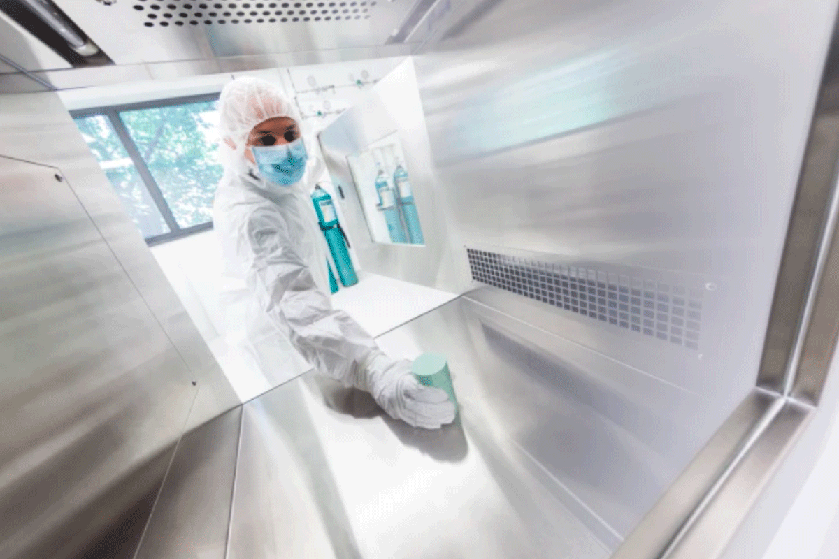 A technician handles a so-called ‘pig’, a lead-lined safety vessel containing the radiopharmaceutical vial. Credit: All rights reserved, Advanced Accelerator Applications